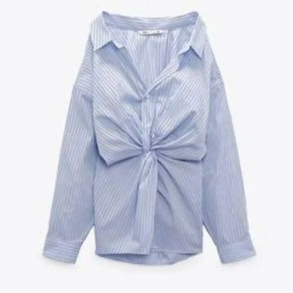 Zara Striped Button Up Shirt Off Shoulder Knot Front size M